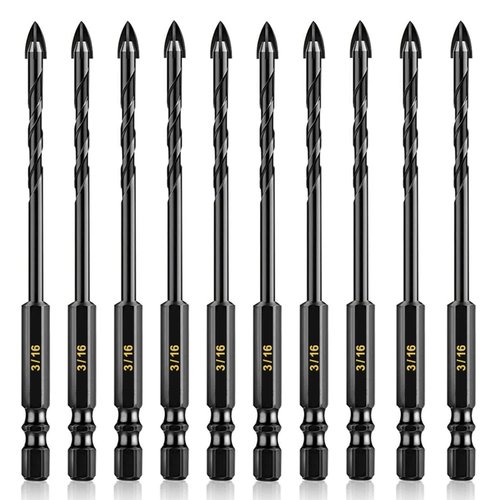 AVERZELLA 3/16" Tungsten Carbide Concrete Drill Bit Set with Four-Cross Edge& Hex Shank,10 PCS 5mm Drill Bits for Metal,Masonry Drill Bit Set 3/16 Inch for Tile/Ceramic/Glass/Mirror/Brick/Cement