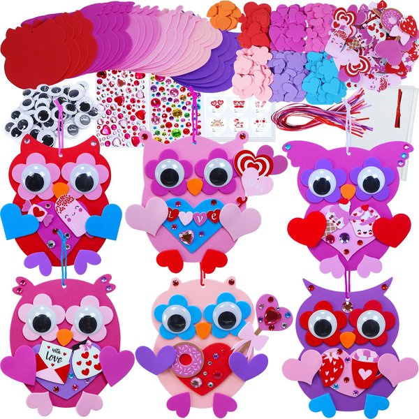 Winlyn 24 Sets Valentine's Day Craft Kits Heart Crafts DIY Valentine's Day Owl Ornaments Decorations Art Sets Foam Owl Heart Stickers for Kids Valentine's Day Party Classroom Activities Gift Exchange