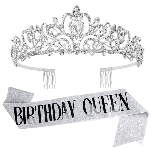 Didder Tiaras for Women Birthday, Crystal Tiara Silver Birthday Queen Sash, Birthday Crowns for Women, Elegant Princess Crown with Combs Birthday Sash for Women Girls Party Hair Accessories