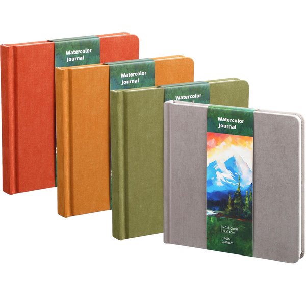 Mooliwe 4 Pcs Watercolor Paper Sketchbook 5.5" x 5.5" Watercolor Travel Journal 300 GSM Cotton Paper Cold Press 48 Pages Drawing Papers Artist Paper Pads Gift for Christmas(Autumn Colors)