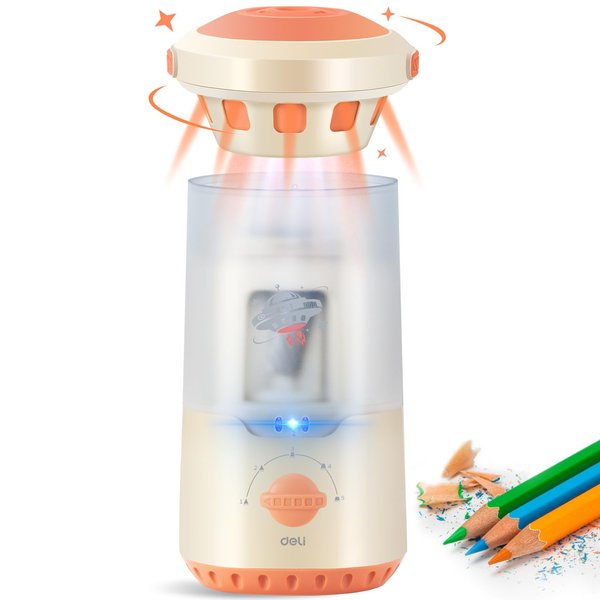 deli Electric Pencil Sharpener, Fully Automatic Spaceship Styling Pencil Sharpener, Auto in & Out, Rechargeable Hands-Free Pencil Sharpener for 6.9-10.8mm, Home, Classroom, Battery Operate, White
