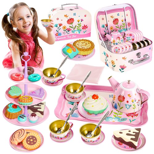 ShyLizard Tea Set for Little Girls, Kids Party Set Toys for 3 Year Old Girls, Princess Tea Set for Girls Gifts, Flower Design Tea Set Toys for Girls, Gifts for 3 4 5 6 Year Old Girls, 43PCS