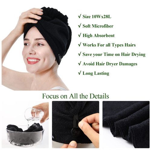 COGANA 2Pack Microfiber Hair Towels, Hair Towel Wrap for Women, Hair Drying Towel with Button, Hair Wrap Towel for Curly Hair, Hair Turban for Wet Hair(10Wx28L, Black)