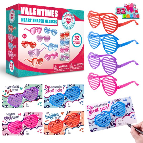 JOYIN 32 Packs Valentines Day Shade Glasses with Gift Cards Heart Shaped Shutter Glasses Heart Glasses Valentines Day Accessories for Kids Valentine's Party Favor Classroom Exchange Prize Supplies