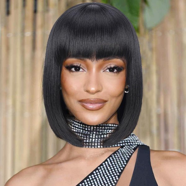 LUVEUNI Short Bob Wig with Bangs Straight Black Wigs for Women Costume Wigs for Girl Shoulder Length Synthetic Cosplay Wig (Black)