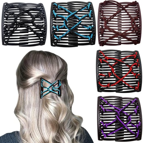5 Pieces Elastic Magic Hair Comb Stretchy Double Comb Hair Forks Clips for Women Girls Vintage Hairstyle Multipurpose Hair Accessories (Black, Brown, Red, Blue, Purple)
