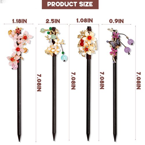 4 PCS Wooden Hair Sticks Chinese Traditional Flower Hair Sticks for Long Hair Hair Chopsticks for Women Girl Classic Vintage Flower
