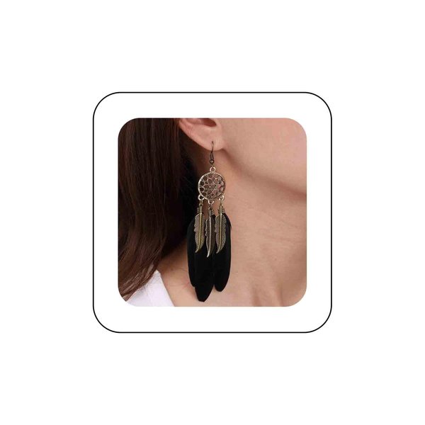 Sttiafay Boho Black Feather Dangle Earrings Long Feather Tassel Earrings Vintage Tribal Feather Earrings Gold Feather Drop Earrings Jewelry for Women and Girls