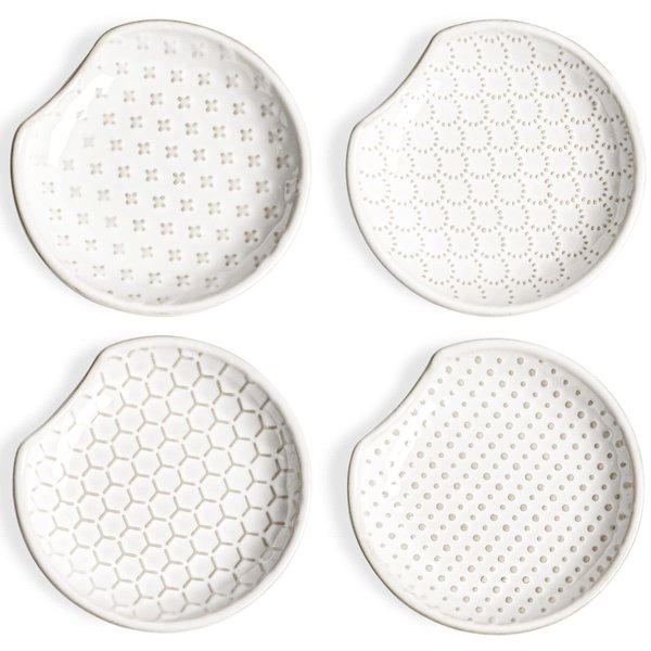 LE TAUCI Spoon Rest for Stove Top, Spoon Holder for Kitchen Counter, Embossment Housewarming Gift, Farmhouse Decor, Ceramic Accessories Utensil Rest - 4.8 inch, Set of 4, White