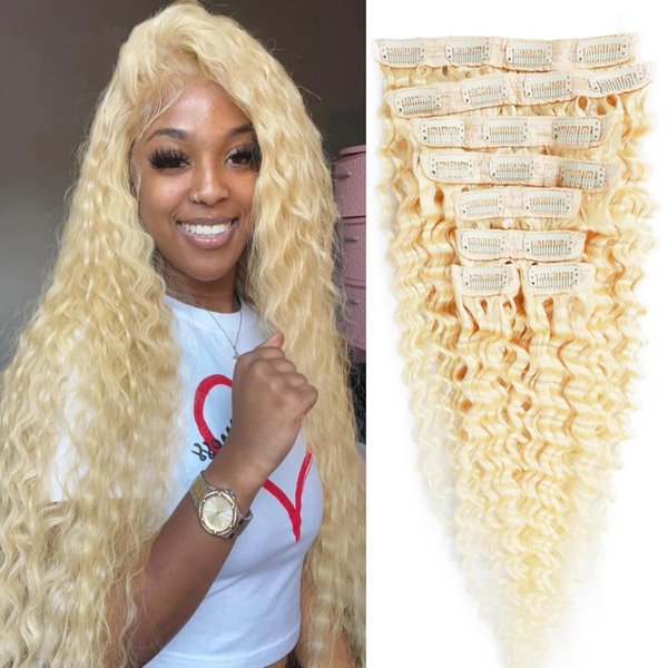 CYIKLI Blonde 22 Inch Curly Clip in Human Hair Extensions 613 Deep Wave Seamless Clip in Hair Extensions Thick Real Human Hair Clip ins Blonde Curly Hair Extensions for Women 100-140g/set