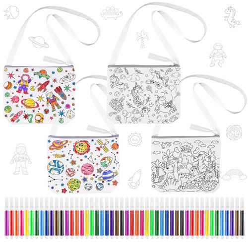 Cosblank 4 Sets Color Your Own Bags Coloring Crossbody Bag Crafts for Boys Girls 4 Washable Canvas Pouch Bag with 48 Colorful Markers Reusable DIY Gift for Birthday Party Favor Supplies, 4 Designs