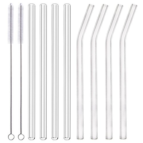 ALINK Glass Smoothie Straws, 10" x 10 mm Long Reusable Clear Drinking Straws, Pack of 8 with 2 Cleaning Brush,