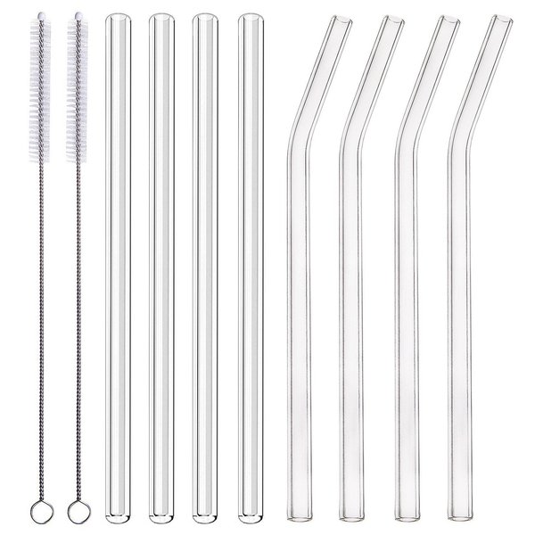 ALINK Glass Smoothie Straws, 10" x 10 mm Long Reusable Clear Drinking Straws, Pack of 8 with 2 Cleaning Brush,