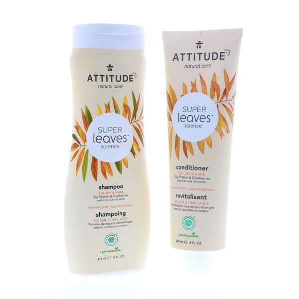 ATTITUDE Super Leaves Volume Shine Shampoo Conditioner- Soy Protein & Cranberries Bundle with Vitamin B5 Watercress Indian Cress, Raspberry, 16 Fl Oz and 8 oz, 2 count
