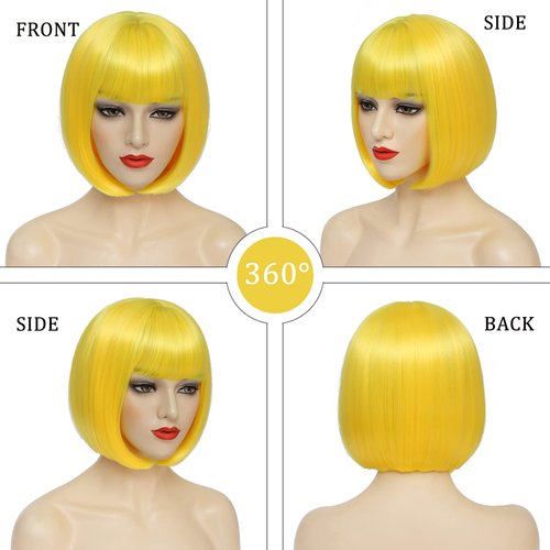 YBYMCAI Yellow Bob Wig With Bangs Short Yellow Bob Wigs For Women Straight Bob Bangs Wig 10 Inch Natural Looking For Daily Party Use
