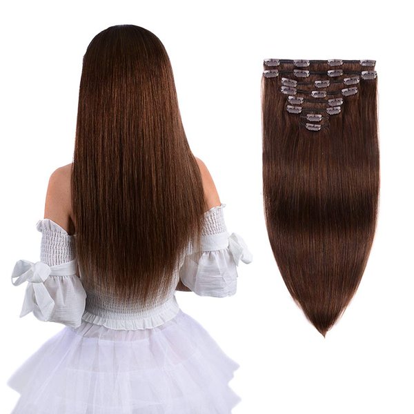 18" Remy Clip in Hair Extensions Human Hair Brown for Women Beauty - Long Silky Straight 8pcs 20clips Real Hair Extensions Clip In Human Hair (18 inch 100g #4 Medium Brown)