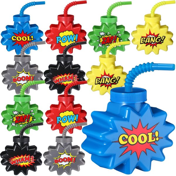 Maxcheck Hero Comic Themed Party Favor Gift Supplies Hero Cups with Straws and Lids,10 oz Plastic Cup for Pow Zap Bang Wham Boom Bulk Birthday Party Favor Supplies(12 Sets)