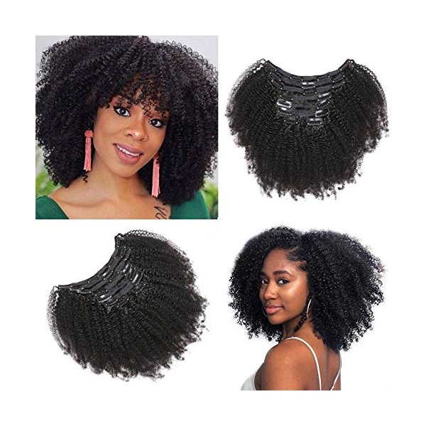 Kabadu 8pcs 120g/set Afro Kinky Curly Clip In Human Hair For Black Women Hair Extension 4B 4C Brazilian Virgin Human Hair Clip Ins for African American Natural Black Color(14inch)