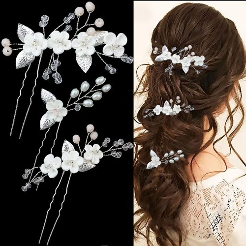 3PCS Flower Bridal Hair Pins Pearl Bride Wedding Hair Accessories Flower Wedding Hair Pins Rhinestone Hair Piece for Women and Girls (Silver)
