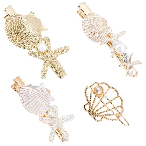 PH PandaHall 4 Styles Starfish Shell Hair Clip Beach Alligator Hair Clips Starfish Barrettes Dainty Sea Theme Clips for Halloween Mermaid Decor Beach Travel Wedding Supplies