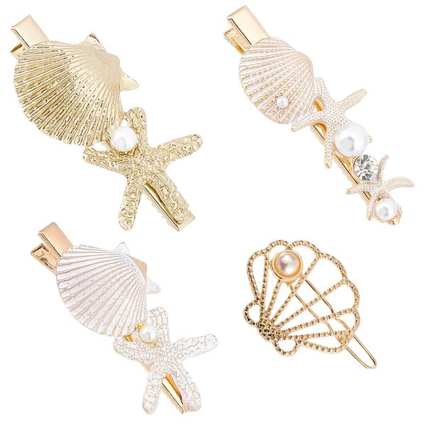 PH PandaHall 4 Styles Starfish Shell Hair Clip Beach Alligator Hair Clips Starfish Barrettes Dainty Sea Theme Clips for Halloween Mermaid Decor Beach Travel Wedding Supplies