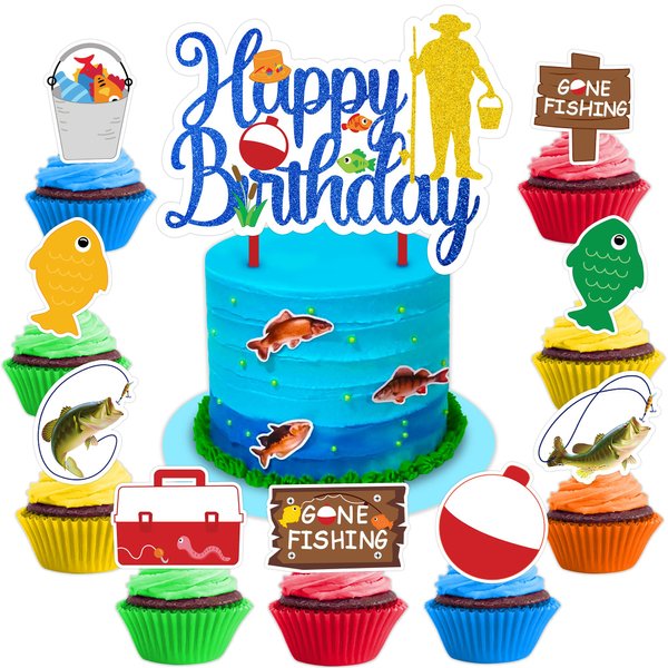 25PCS Fish Gone Fishing Cake Topper Cupcake Toppers Birthday Party Decorations Themed Ocean Fisherman Sea Decor Table Centerpieces for Kids Boy Adults Teen Baby Shower Party Supplies Party Favors