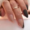 ANDGING Matte Black Press on Nails Almond Short Medium French Tip Fake Nails with Gold Line Design Acrylic Gel Glue on Nails for Wedding Birthday Manicure Stick on Nails with Glue False Nails LPP687