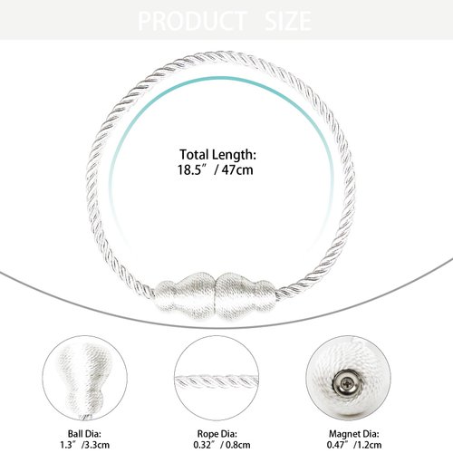 Nieffeiy Magnetic Curtain Tiebacks 2Pack Outdoor Curtain Tie Backs Rope Decorative Magnetic Curtain Holders for Drapes Window Treatment Holdbacks, White