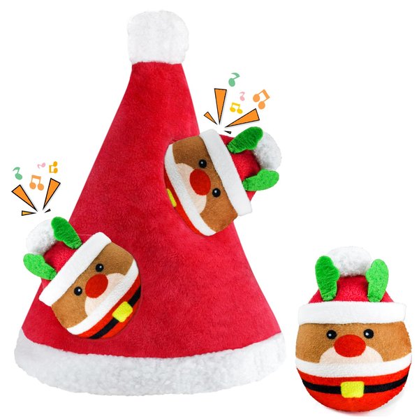 Fuufome Christmas Squeaky Dog Toys - 4 Pack Hide and Seek Dog Toys - Plush Dog Toys - Christmas Hat, Christmas Elk Interactive Dog Toys for Puppy, Small, Medium Dogs
