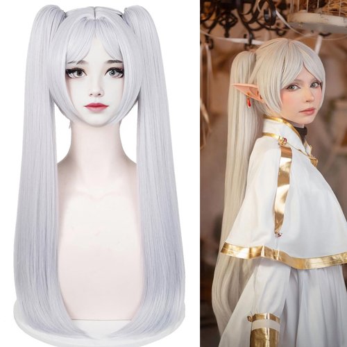 Aicos Silver White Ponytail Cosplay Wig for Women Cosplay Frieren, Halloween Party Hair from Frieren Beyond Journey's End +Wig Cap