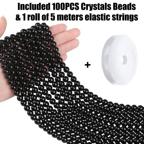 QINJIEJIE 100PCS Black Obsidian Beads 8mm Natural Stones Beads Round Loose Gemstones Crystals Bead for DIY Bracelet Beading Jewelry Making Necklace Earrings 0.32" Crystal Stone