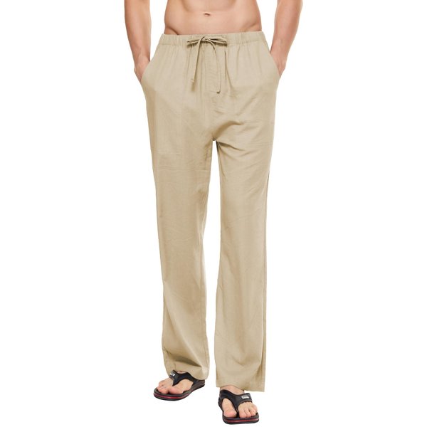 YuKaiChen Men's Linen Yoga Pants Sweatpants Beach Trousers Soft Casual Pants Light Khaki Medium