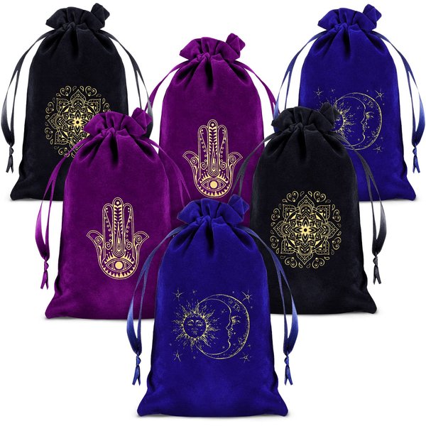 Wesnoy 6 Pcs Tarot Cards Fabric Bag 6 x 9 Inch Jewelry Pouch Tarot Card Bag Dice Bag Tarot Card Holder Jewelry Bags Drawstring Hamsa Hand Gift Bags for Tarot Cards (Mixed Colors,Classic Style)
