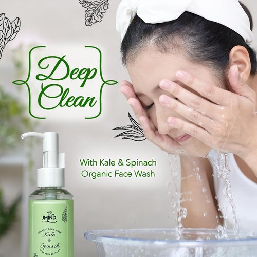 JMind Kale & Spinach Organic Face Wash - Vegan Daily Face Wash - Green Tea Facial Cleanser - pH Balanced - All Skins (3.38oz)
