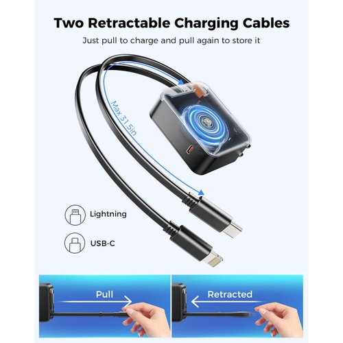 SUPERONE 62W Retractable Wall Charger with Dual Cables, 3-Port USB Charger Block, 35W iPhone Charger Fast Charging for iPhone 16/15/14/13/12/11 Series, Pad, Tablet, LG and More