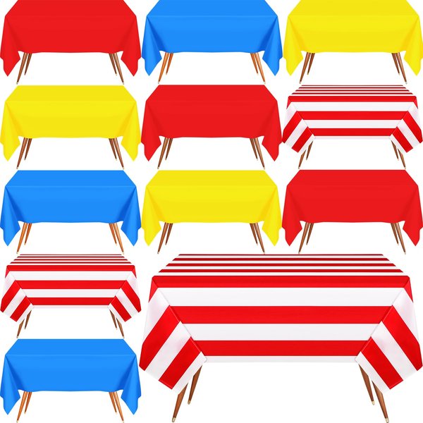 Hosuly 12 Pcs Carnival Circus Tablecloths Red and White Striped Tablecloth Kids Birthday Party Plastic Tablecloth Set 54 x 108'' Mexican Tablecloth Solid Rectangular Table Cover Plastic Table Clot