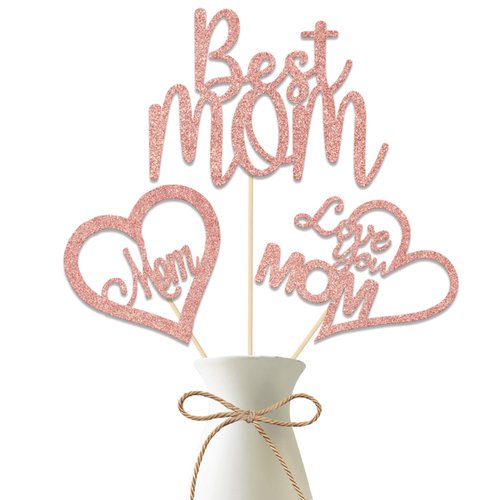 Happy Mother's Day Centerpiece Sticks,Best Mom/Love You Mom Decorations,We Love Mom Theme Mom's Day Birthday Party Supplies for Women 12 pcs Rose Gold