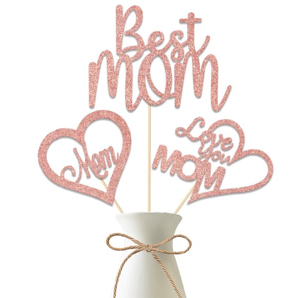 Happy Mother's Day Centerpiece Sticks,Best Mom/Love You Mom Decorations,We Love Mom Theme Mom's Day Birthday Party Supplies for Women 12 pcs Rose Gold