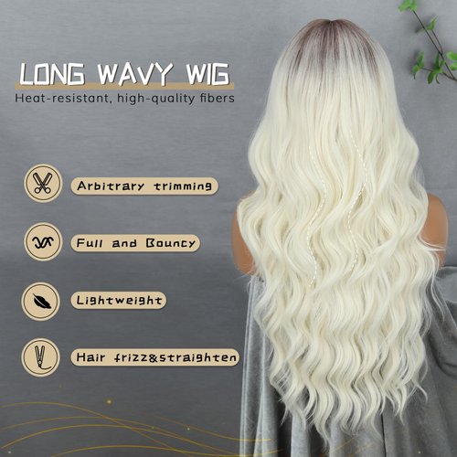 LINGHANG Long Platinum Blonde Wigs with Bangs Long Wavy wigs for Women,Platinum wig Heat Resistant Synthetic Fiber Wigs for Halloween Cosplay Party