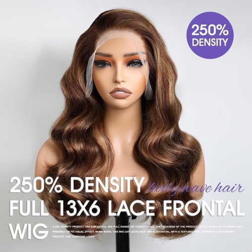 Lemoda Full 13x6 Highlight Body Wave Lace Frontal Human Hair Wigs 250% Density Medium-length Ombre P4/27 Piano Color Bob Wigs 12A HD Transparent Lace Wig For Women Pre Plucked Natural Hairline 16Inch
