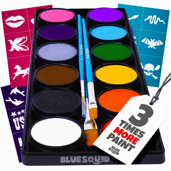 Blue Squid Face Paint Kit for Kids – Kids Face Painting Palette, Stencils, 12 Colors, How to Guide, Safe Facepainting for Sensitive Skin, Professional Quality Body & Face Facepaints Halloween Makeup