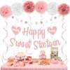 KOKAR Sweet 16 Party Decorations – Rose Gold Happy Sweet Sixteen Birthday Banner, Paper Pom Poms, Hanging Swirls and Glitter Circle Dots Garland for 16th Birthday Decorations