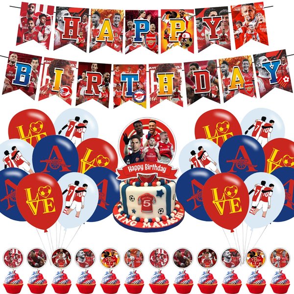 Soccer FC Birthday Decorations, Soccer Star Saka Theme Party Supplies with Happy Birthday Banner, Cake Topper, Cupcake Toppers for Fans Adults Birthday Party Favors