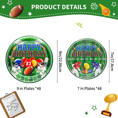 Yavxzvbw 96Pcs Football Party Plates - Green, Modern, Geometric Cartoon Design - Disposable, Not Reusable - Dinner Plates for Football Party Supplies