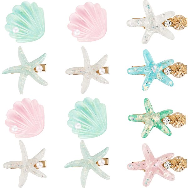 12 Pieces Artificial Shell Pearl Starfish Seashell Hair Clip Set Acrylic Resin Girl Lady Hair Clip Headdress Hairstyle Tool Accessories Beach Wedding Supplies (Charming)