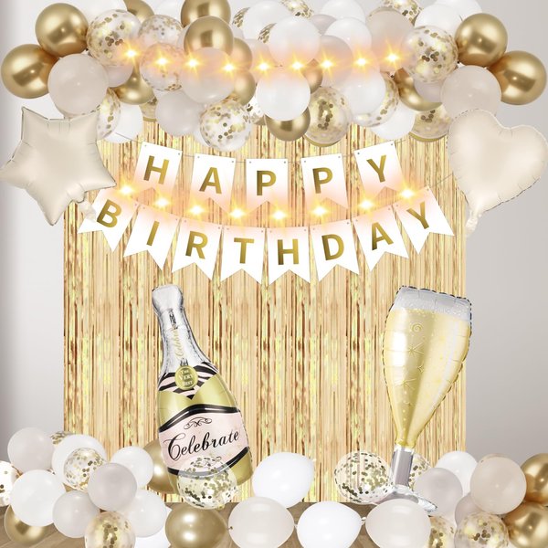 Gold Birthday Decorations for Women Girls,White Gold Happy Birthday Banner Confetti Balloons,Heart Star Balloons,Fringe Curtains,LED Light for Men Boys Birthday Anniversary Party Supplies Favors Decor