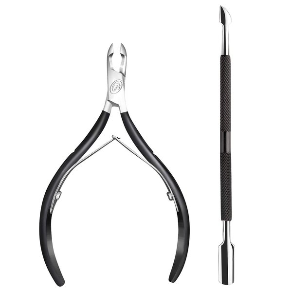 Cuticle Nipper with Cuticle Pusher- Professional Grade Stainless Steel Cuticle Remover and Cutter - Durable Manicure and Pedicure Tool - Beauty Tool Perfect for Fingernails and Toenails (Black)