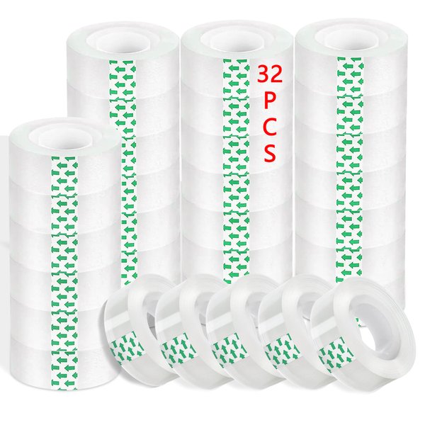 KUKEO 32 Roll Transparent Tape Refills, 3/4-Inch x 1000 inch Clear Tape, 1 inch Core, Clear Tape Refill Rolls for Gift Wrapping, Home, School Office Supplies
