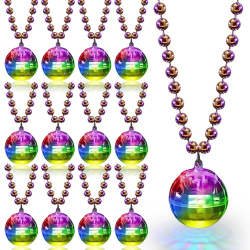 Sasylvia 12PCS LED Disco Ball Necklaces Light up Disco Necklaces 70s Disco Necklace Mardi Gras Beads Disco Party Favors Costume Necklaces for Stage Props Bachelorette Birthday Party(Silver, Colorful)