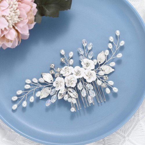 Latious Silver Flower Bride Wedding Hair Comb Pearl Bridal Side Comb Crystal Hair Piece Leaf Hair Accessories for Women and Girls (Silver)